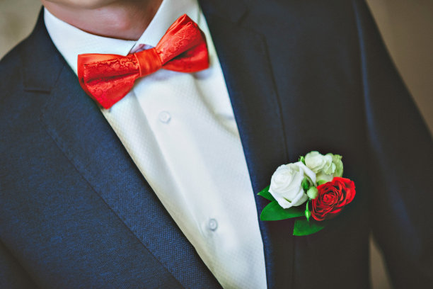 男士蓝西装，红领带，白衬衫，玫瑰胸花。图片下载
