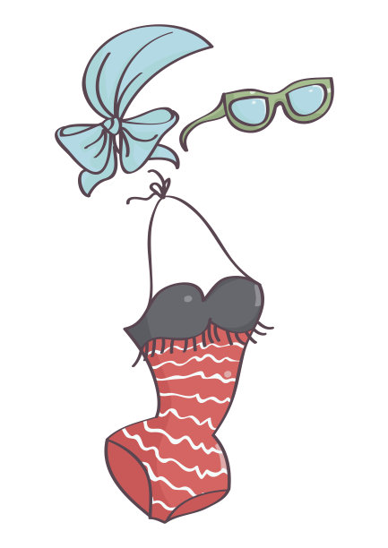 红色的游泳衣，蓝色的头巾和绿色的太阳镜图片下载