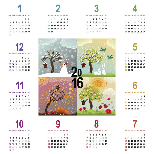 五彩缤纷的2016日历与四季插图图片下载