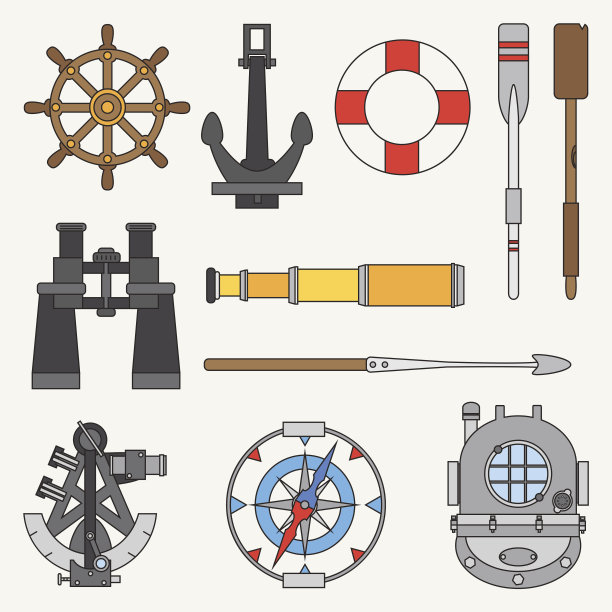 行海洋图标集。锚，舵轮，救生圈，罗盘，六分仪，望远镜。图片下载