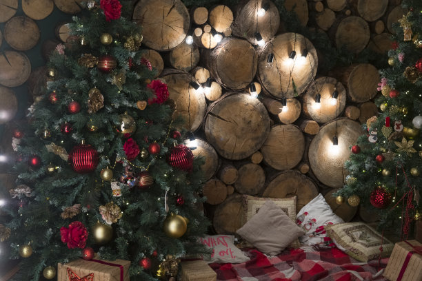 用圣诞树装饰的节日室内图片下载
