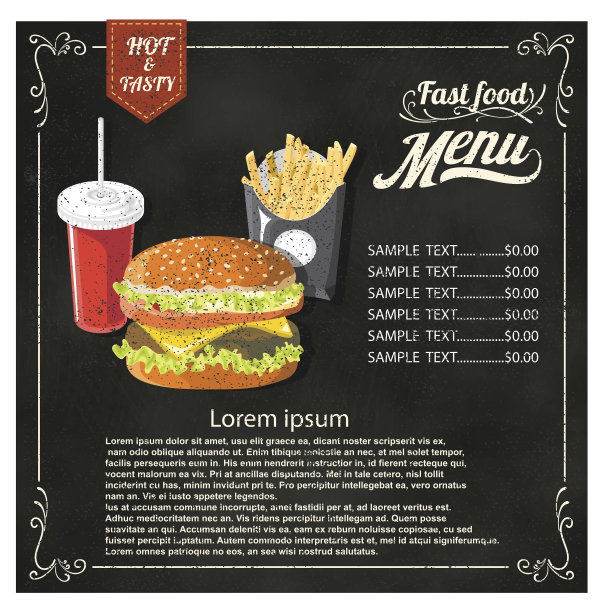 餐厅快餐菜单，汉堡包，炸薯条和饮料图片下载