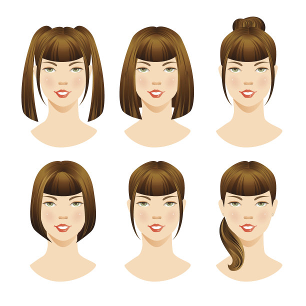 美丽的黑发女孩与各种发型的插图。图片下载