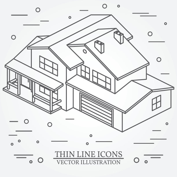 矢量细线图标等距美国郊区房子。图片下载
