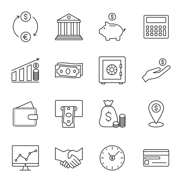 金融银行线条图标矢量插画图片下载