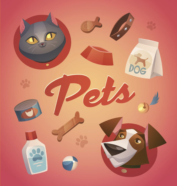 宠物的背景。卡通风格的矢量插图。素材图片