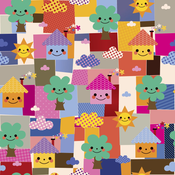 房子、树木和云朵都是孩子的图案图片下载