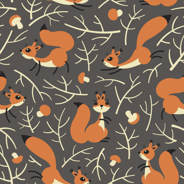 可爱的小松鼠在秋天的森林里。秋天无缝模式素材图片