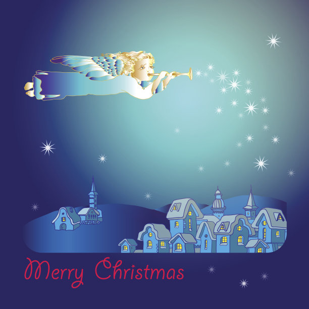 圣诞天使与喇叭和冬季村庄全景图片下载