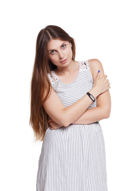 美丽的女孩长头发看起来孤立的白色图片下载