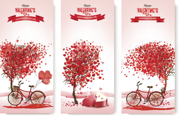 三条情人节横幅，上面有粉红色的树和心形。向量图片下载