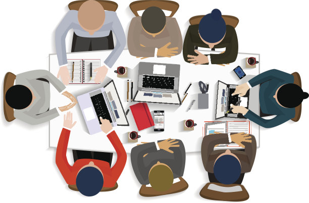 平面设计办公室工作人员业务在俯视图矢量插图图片下载