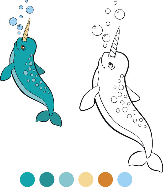 着色页面:独角鲸。可爱的小独角鲸在游泳。图片下载