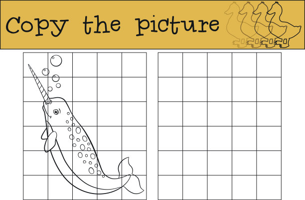 教育游戏:复制图片。可爱的小独角鲸在游泳。图片下载
