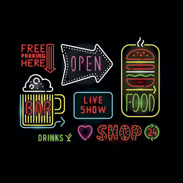 灯光霓虹灯标签矢量插图。图片下载