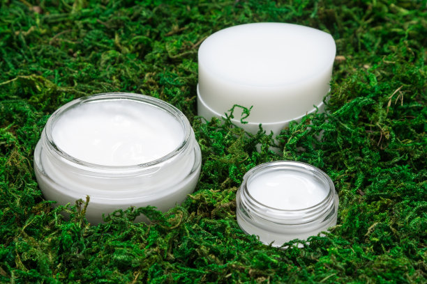 奶油罐的特写被绿色苔藓包围图片下载