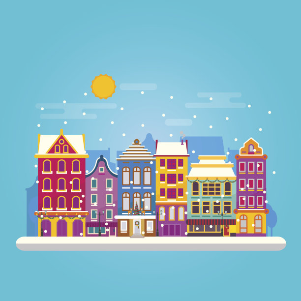 冬日里舒适的小镇街景。经典的欧洲房子图片下载