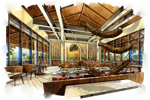 室内餐厅的素描透视成水彩画在纸上。图片下载