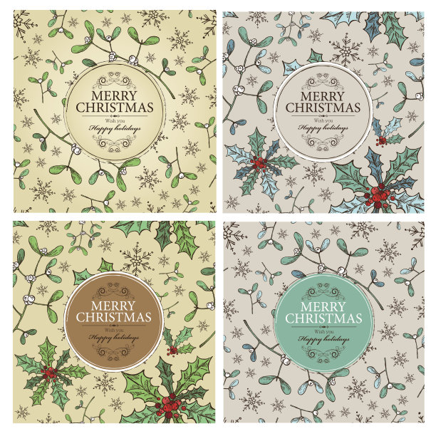 向量集:圣诞贺卡与冬青和槲寄生，手绘图片下载
