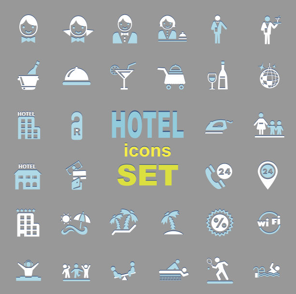 一套蓝色和白色的酒店图标图片下载