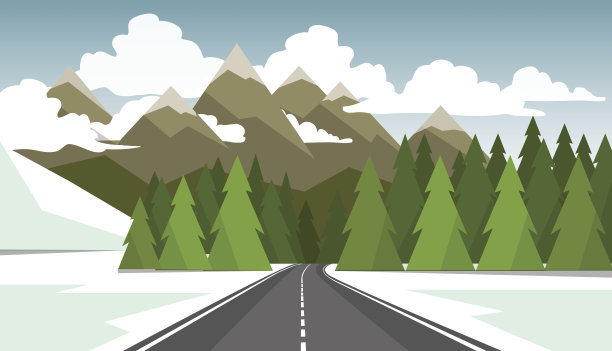 冬季的景观有森林、山脉、道路和湖泊。图片下载