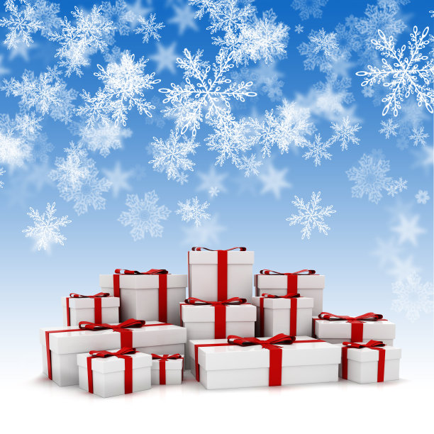 3d圣诞礼物盒和雪花背景图片下载