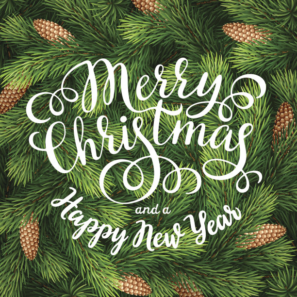在杉树枝上手写的题词圣诞快乐背景图片下载