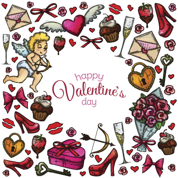 圆形框架与素描情人节图标图片下载