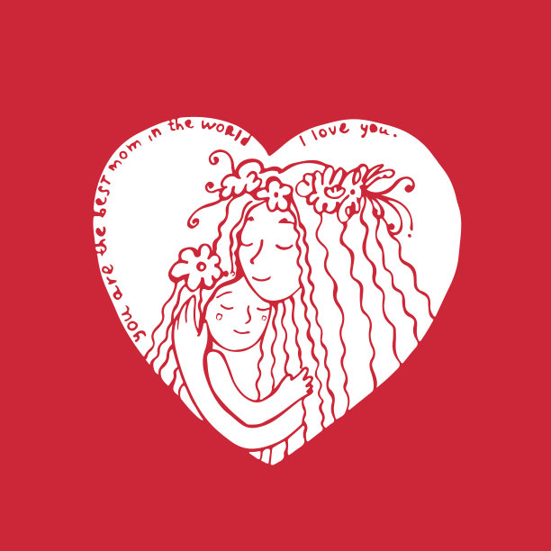 手绘明信片与母亲和女儿拥抱。图片下载