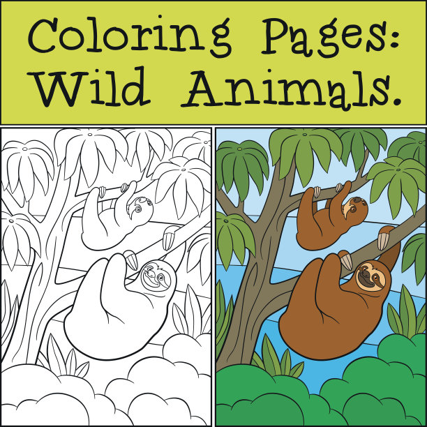 涂色页:野生动物。树懒妈妈和她可爱的宝宝。图片下载