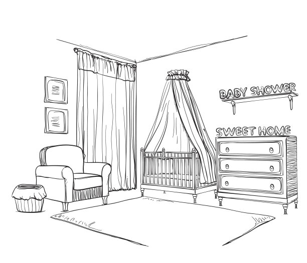 手绘儿童房。家具草图。图片下载