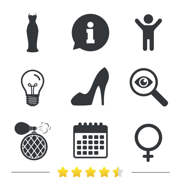 婚纱图标。女性鞋子的迹象。香水。图片下载