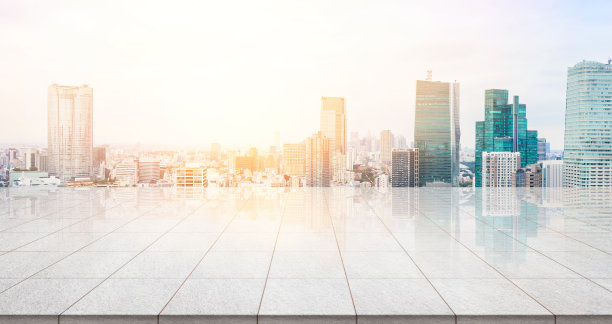 空大理石地板与东京城市景观鸟瞰图素材图片