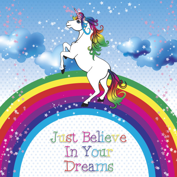 动机的名片。带彩虹矢量的独角兽。图片下载