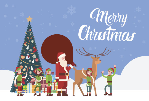 圣诞老人携带礼物袋，精灵松树贺卡图片下载