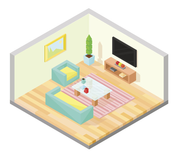 客厅的等距设计有桌子，电视，扶手椅，沙发，植物，绘画和地毯。矢量插图。图片下载