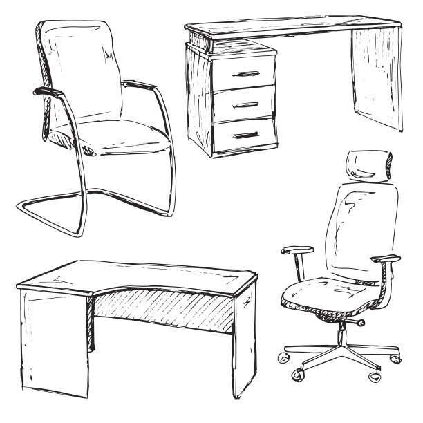 素描集孤立的家具。不同的椅子和桌子。白色背景上的线性黑色家具。矢量插图。图片下载