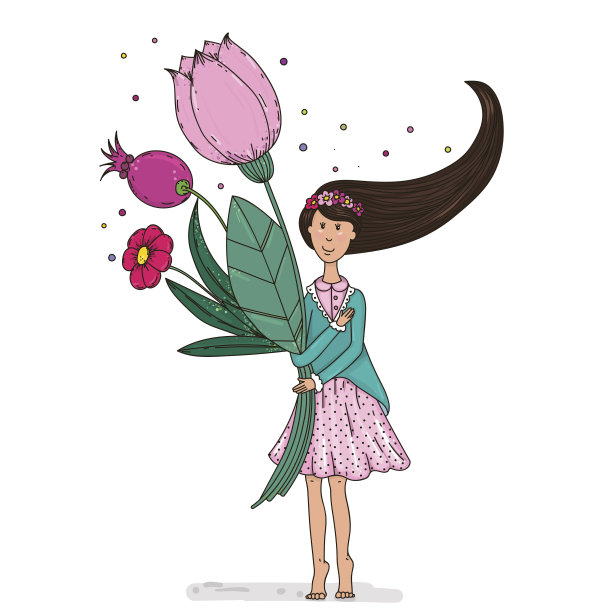漂亮可爱的小女孩拿着一束花。涂鸦风格。图片下载