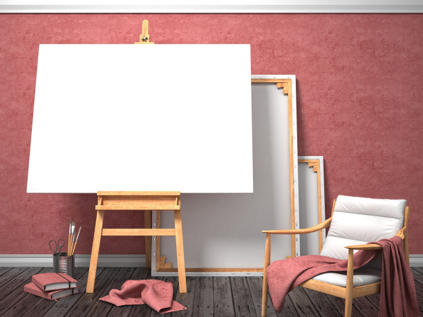 模拟帆布框架与安乐椅，画架，红墙图片下载