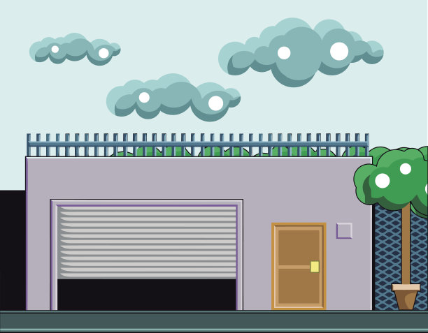 带车库的房子，前面有树。图片下载