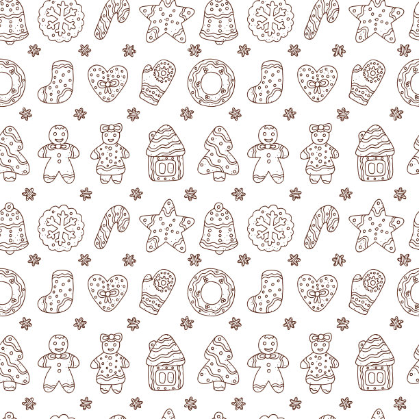 涂鸦的圣诞饼干。姜饼-矢量无缝模式。圣诞壁纸。图片下载
