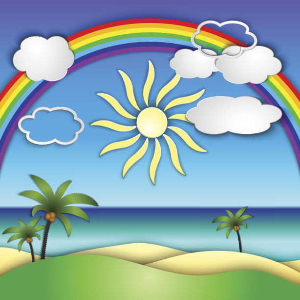 矢量抽象纸拼贴与太阳，海，海滩，彩虹和图片下载