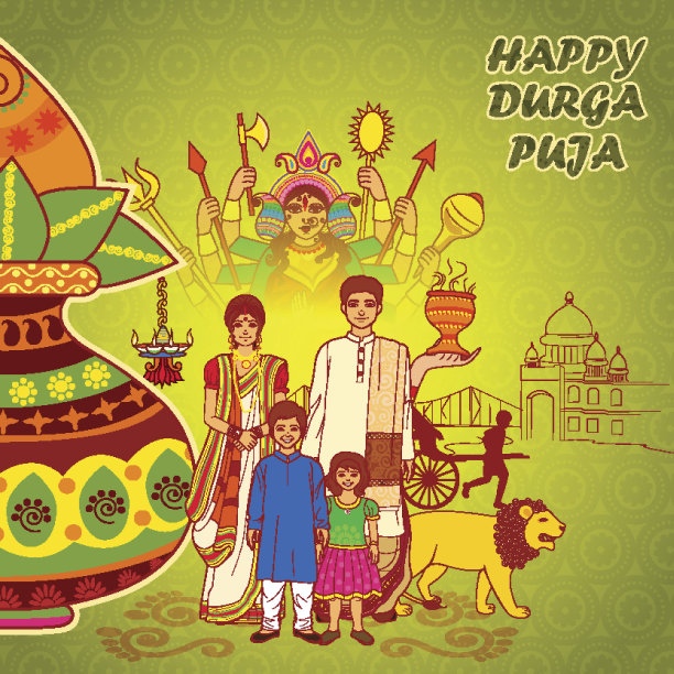 孟加拉人民在印度艺术中祝愿杜尔迦礼拜快乐图片下载