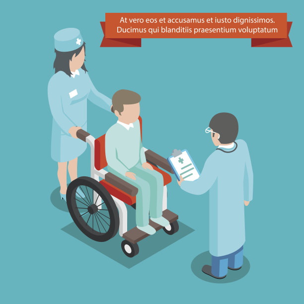 轮椅上的病人和医护人员。三维等距矢量图素材图片