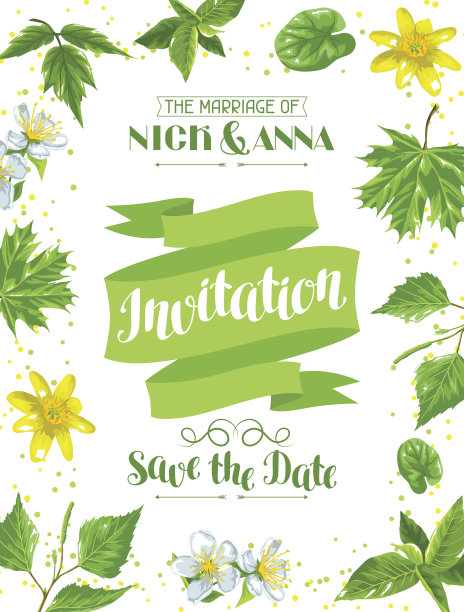 春天的绿叶和鲜花。婚礼请柬用植物、小树枝图片下载