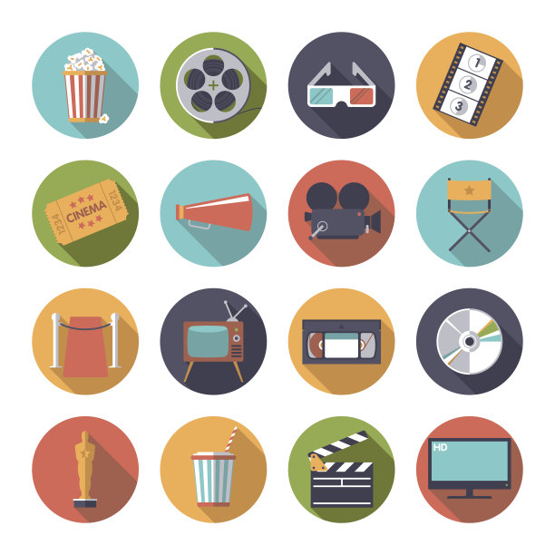 圆形电影和电影图标矢量集。图片下载