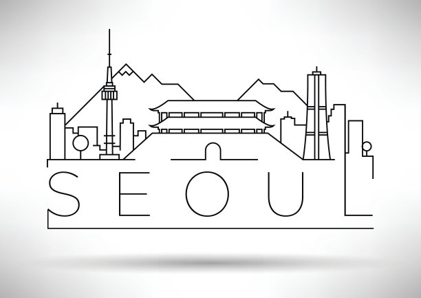 最小向量首尔城市线性天际线与排版设计图片下载