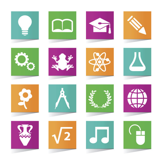 一套通用教育图标上的方形彩色按钮。图片下载