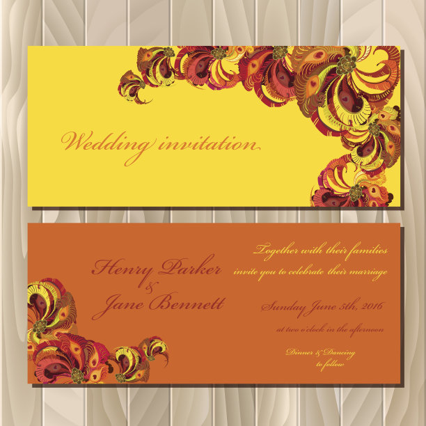 孔雀羽毛婚礼请帖。可打印矢量图图片下载