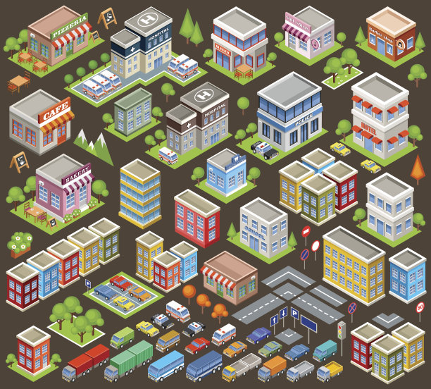 巨大的等距建筑和房屋图片下载